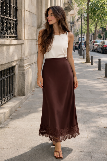 Vrouwen maxirok effen afwerking kant detail elegante stijl - Mireya