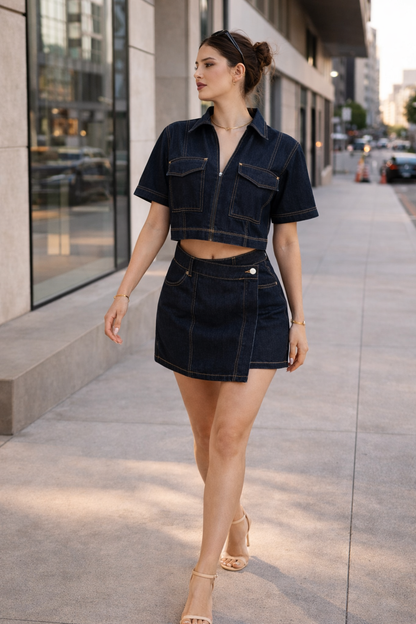 Dames denim zomerset korte rok korte mouw denim top - Arisha