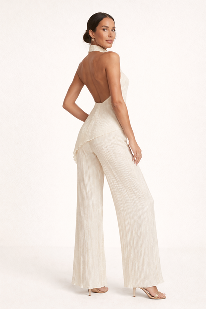 Damesset met geplooide wijde broek en asymmetrische haltertop - Sigrid