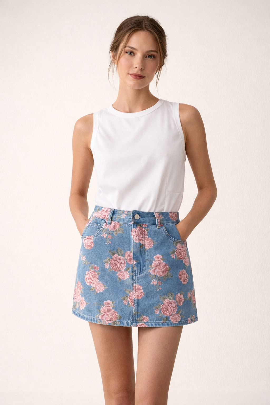 Damesdenimrok met bloemenprint en recht model - Letty